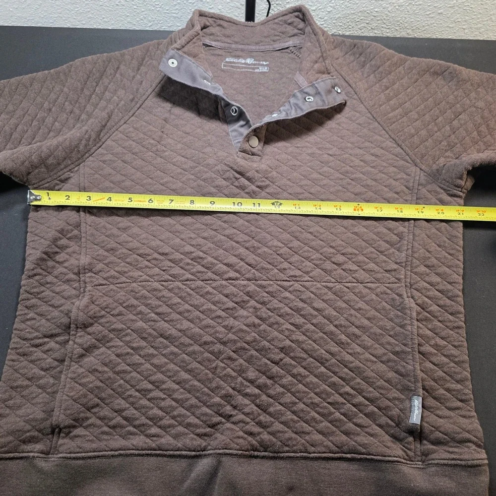 Eddie Bauer Men SZ M Brown Quilted Snap Neck Pullover Sweatshirt Kangaroo Pocket